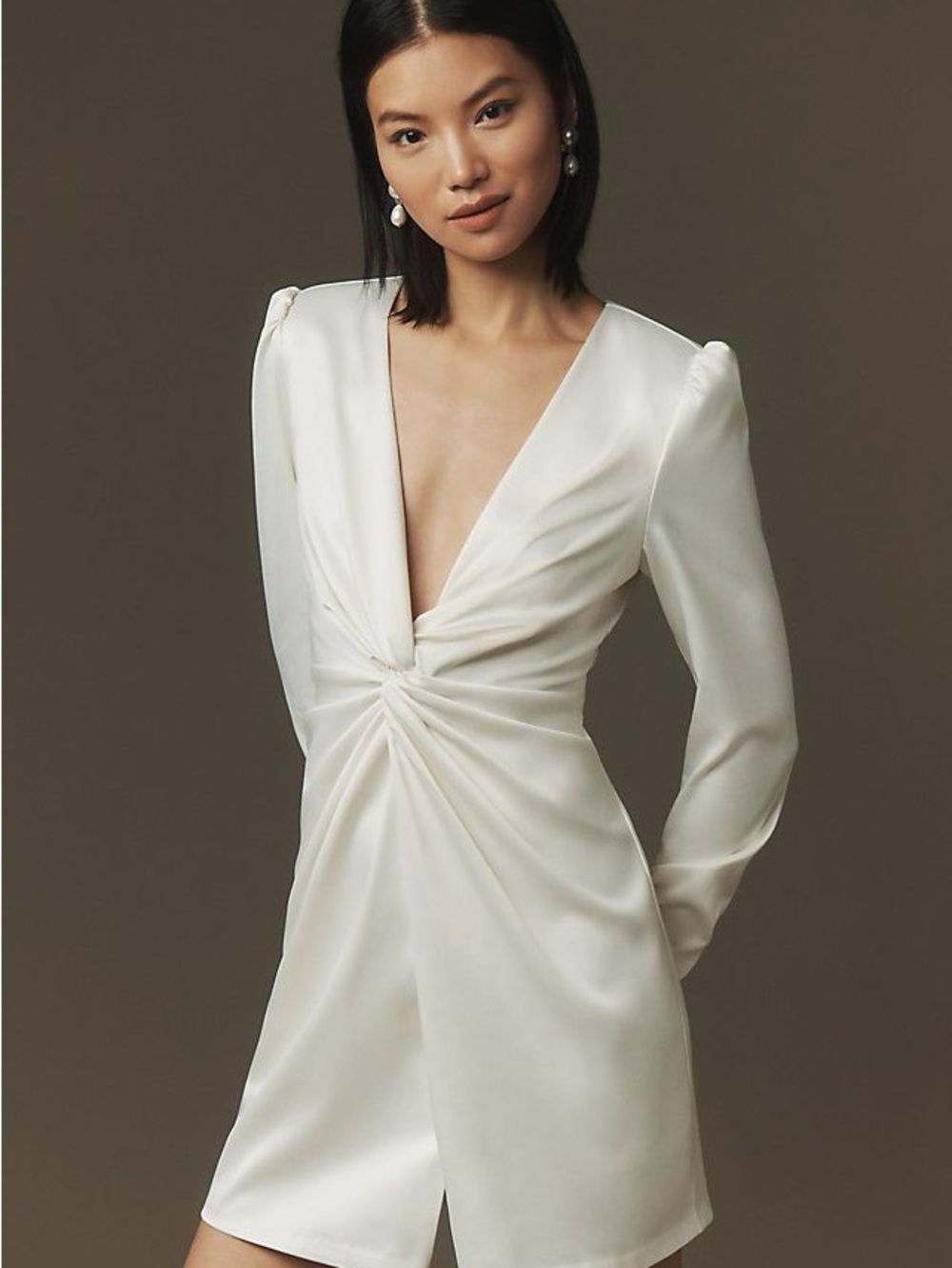 NWT BHLDN Maya Long-Sleeve Twist Satin Mini Dress in IVORY